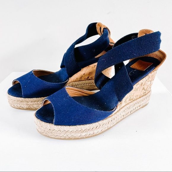 Tory Burch Wedges Navy Peep Toe Espadrille - Picture 3 of 9